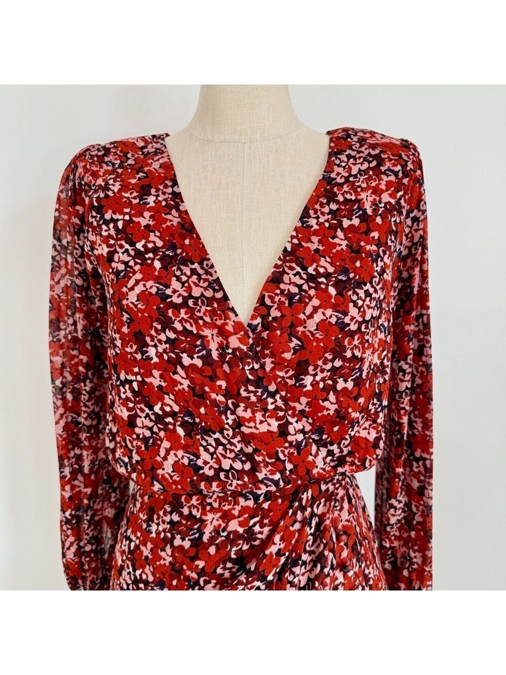 The Kooples Red Floral Long Sheer Sleeve Mini Wrap Dress Womens Size 0 Paris - Picture 2 of 15